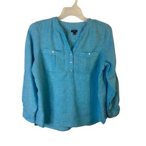 Talbots Womens XL Petite Blue 100% Linen Roll Tab Sleeve Blouse Tunic Shirt Top